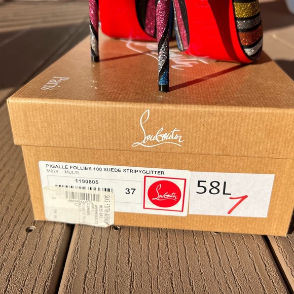 Christian Louboutin Pigalle Follies 100 suede stripy glitter multi color pump - Picture 6 of 7